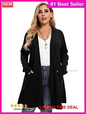 Open Front Knit Cardigan Sweater with Pockets Plus Size Long Sleeve